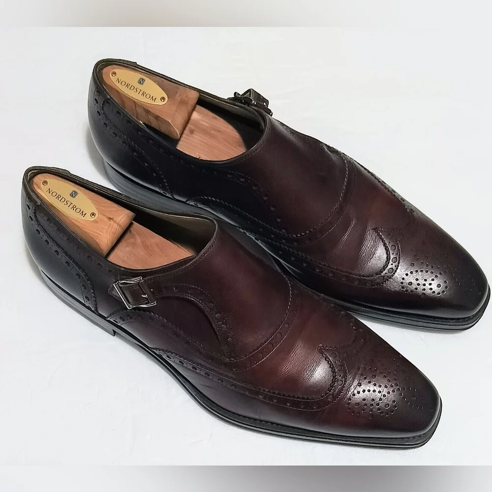 Magnanni Men's Burgundy Brown Leather Monk Strap Loafers